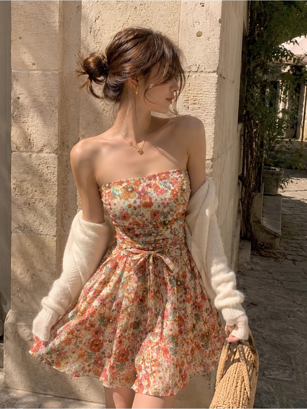 Floral Strapless Mini Dress Soft Girl Coquette Style